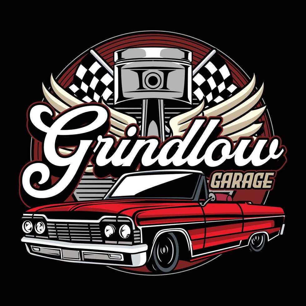 Vintage American Lowriders Car, Skull, Piston, Red Roses, and Race flag Poster in Illustration for flyer, social media, web pages, print media, greeting card, invitation, banner vector