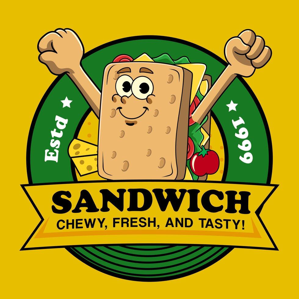 Cute Sandwich Food Retro 70s 80s Cartoon Character Mascot Illustration in Groovy Style for Bar Restaurant poster, flyer, brochure, invitation, greeting card, banner vector