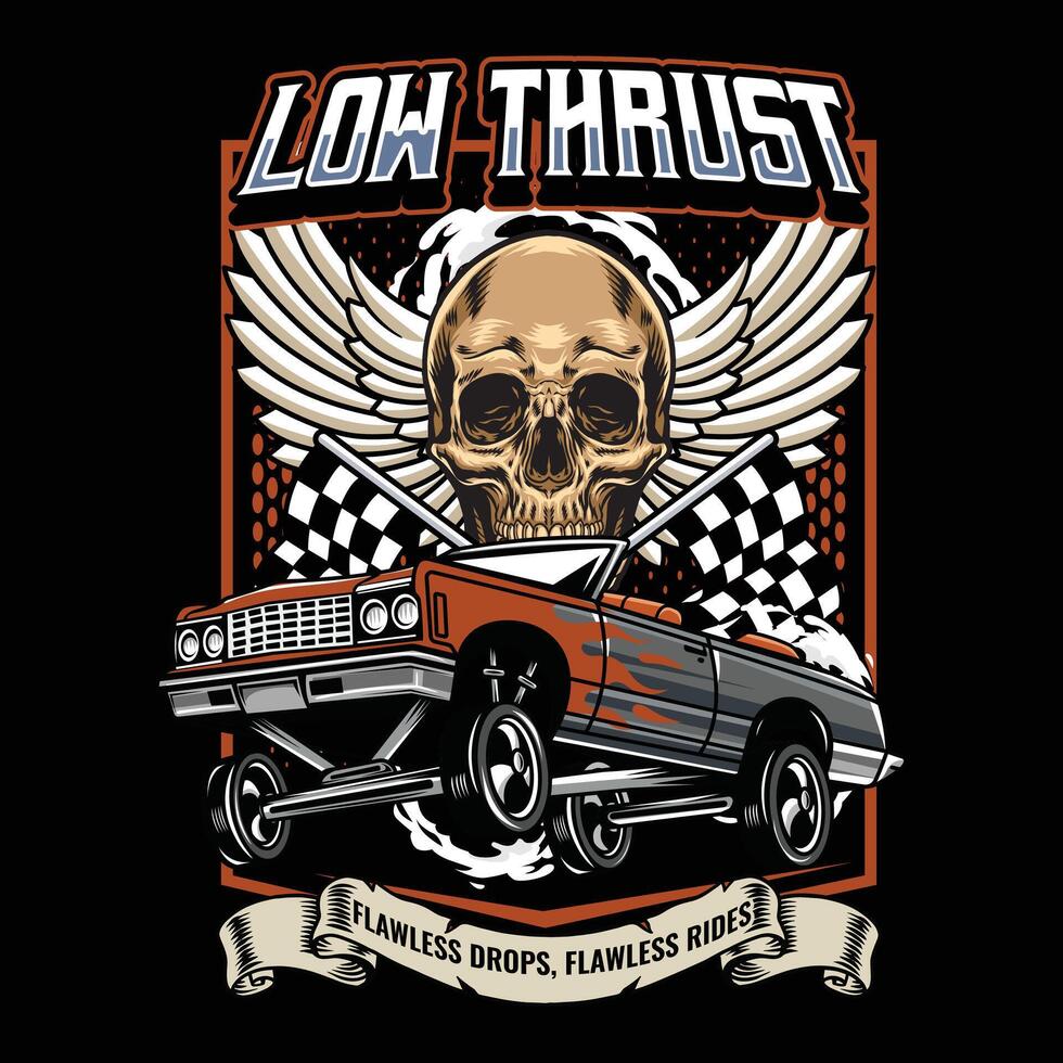 American Lowriders Car, Skull, Piston, Red Roses, and Race flag Poster in Vintage Retro Illustration for flyer, social media, web pages, print media, greeting card, invitation, banner vector