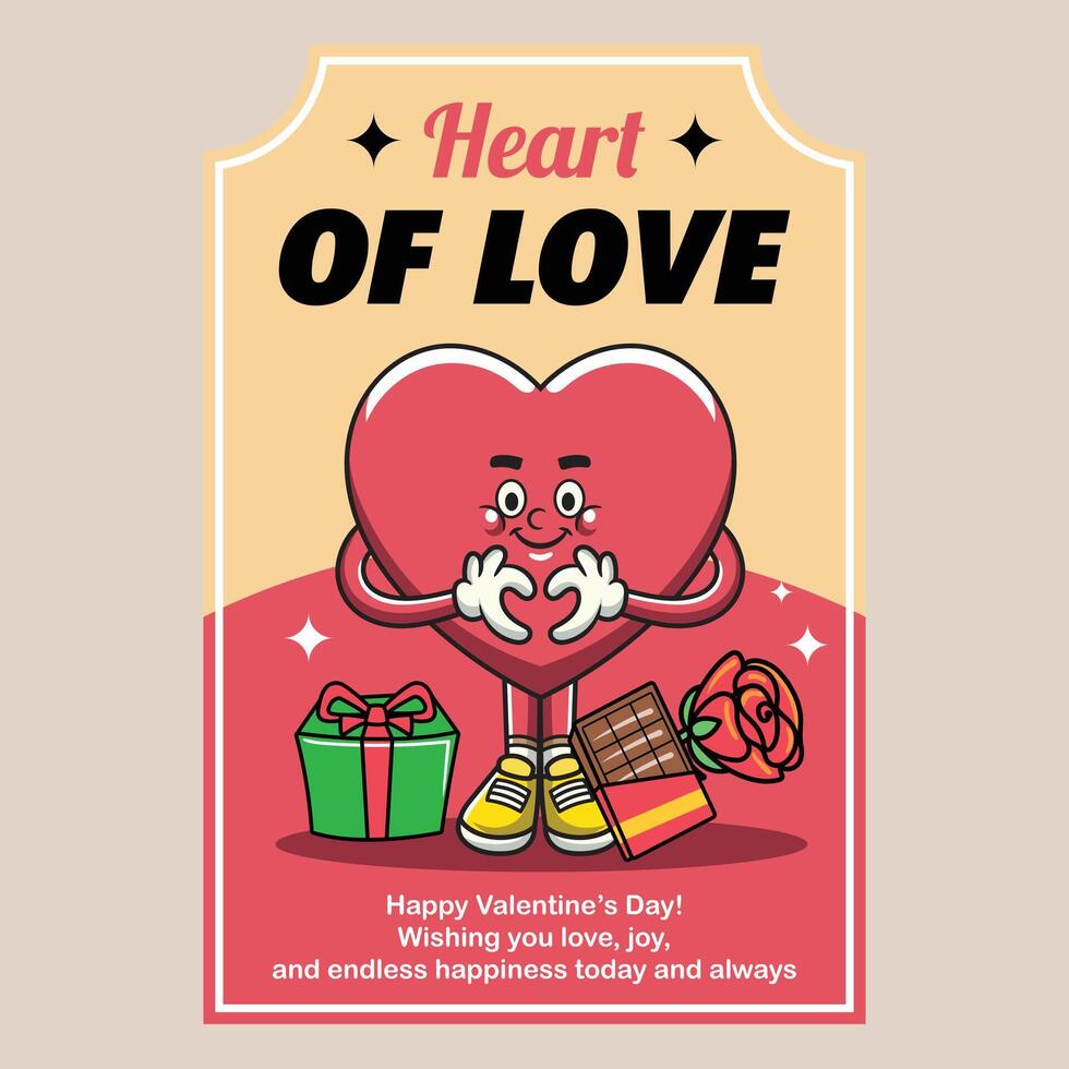 Heart of Love slogan valentines Day with Cute Happy heart character in Groovy Vintage Retro Cartoon Illustration for sticker, badge, patch, banner, greeting card, invitation vector
