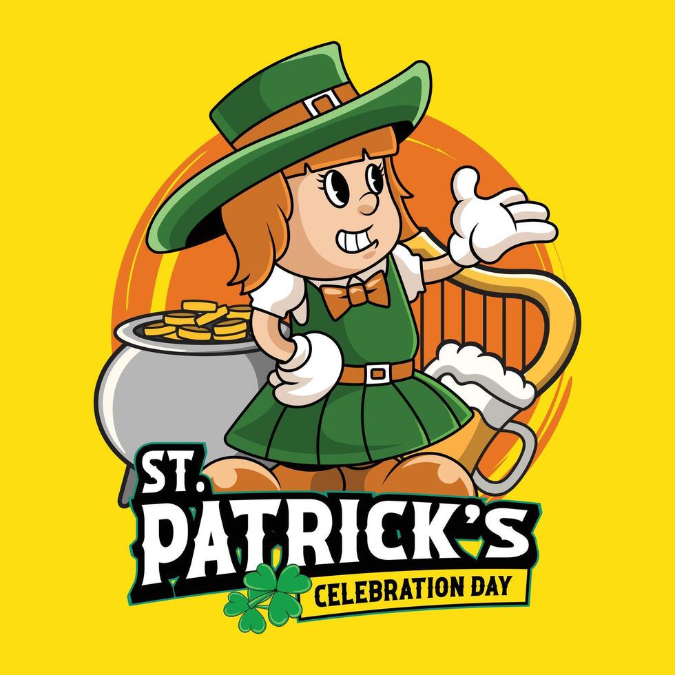 Saint Patrick Day Girl with gold coins pot Retro Cartoon Mascot Character Groovy Vintage Style for poster, flyer, brochure, invitation, greeting card, banner vector
