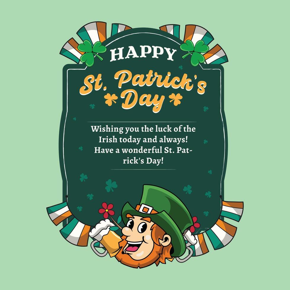 Happy Saint Patrick's Day with Clover Leaf Retro Cartoon Mascot Character Groovy Vintage Style for poster, flyer, brochure, invitation, greeting card, banner, web, sticker vector