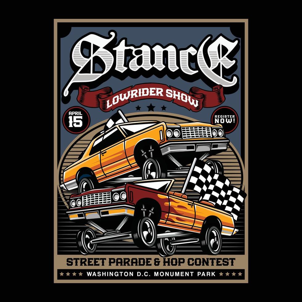 Vintage American Lowriders Car, Skull, Piston, Red Roses, and Race flag Poster Illustration for poster, flyer, social media, web pages, print media, greeting card, invitation, banner vector