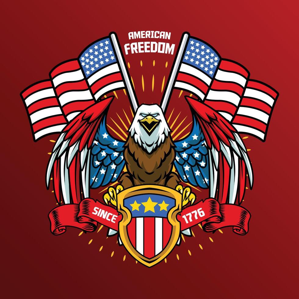 4th of July Independence Day Bald Eagle with American Flag Shield and Statue of Liberty Illustration for social media, flyers, web pages, print media, greeting card, invitation, banner vector