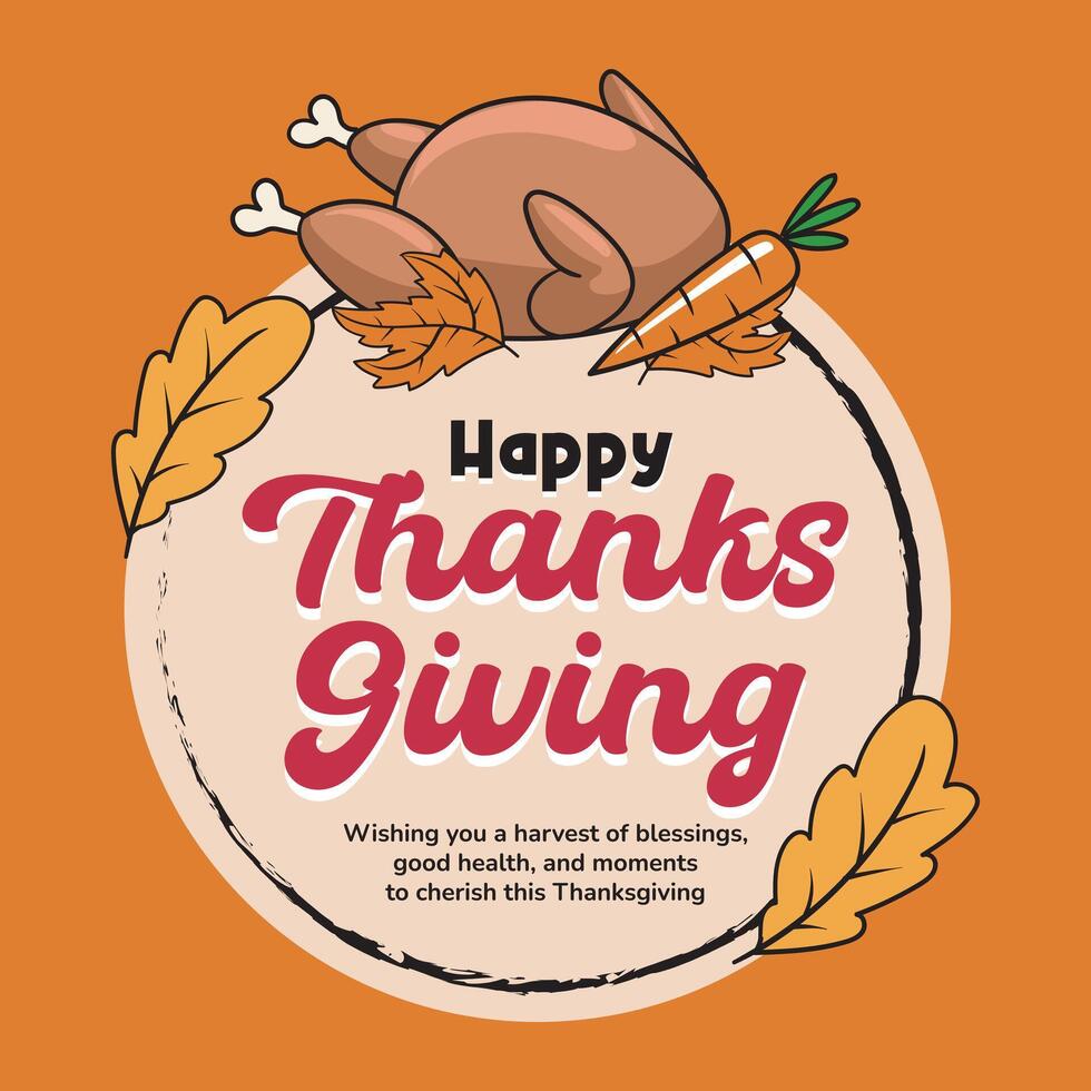 Thanksgiving Day with turkey dinner, carrot, and orange leaves in Vintage Retro Cartoon Illustration for sticker, badge, patch, banner, greeting card, invitation vector