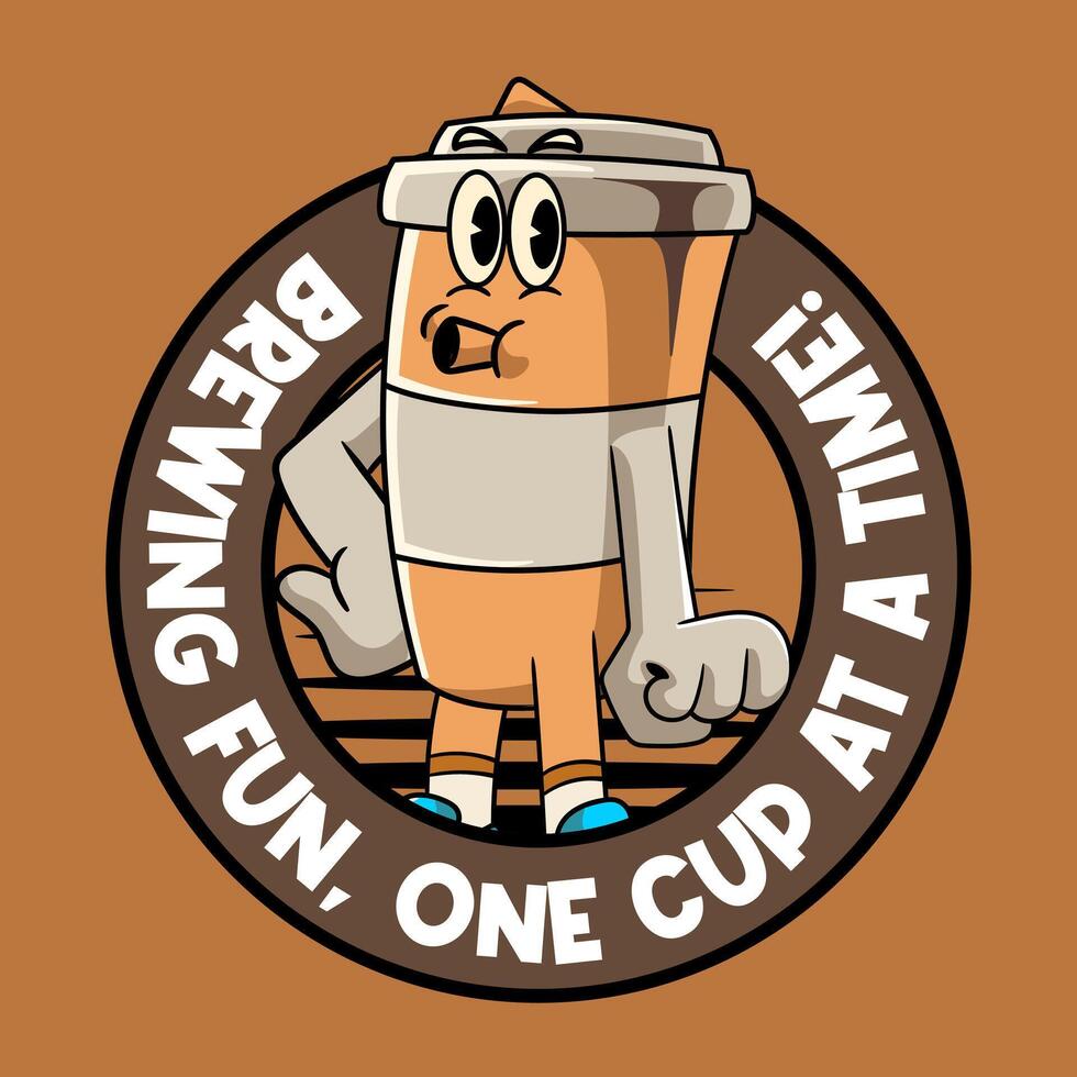 Cute Coffee Paper Cup Cartoon Character Mascot Illustration in Vintage Retro 70s 80s Groovy Style for sticker, poster, flyer, brochure, invitation, greeting card, banner vector