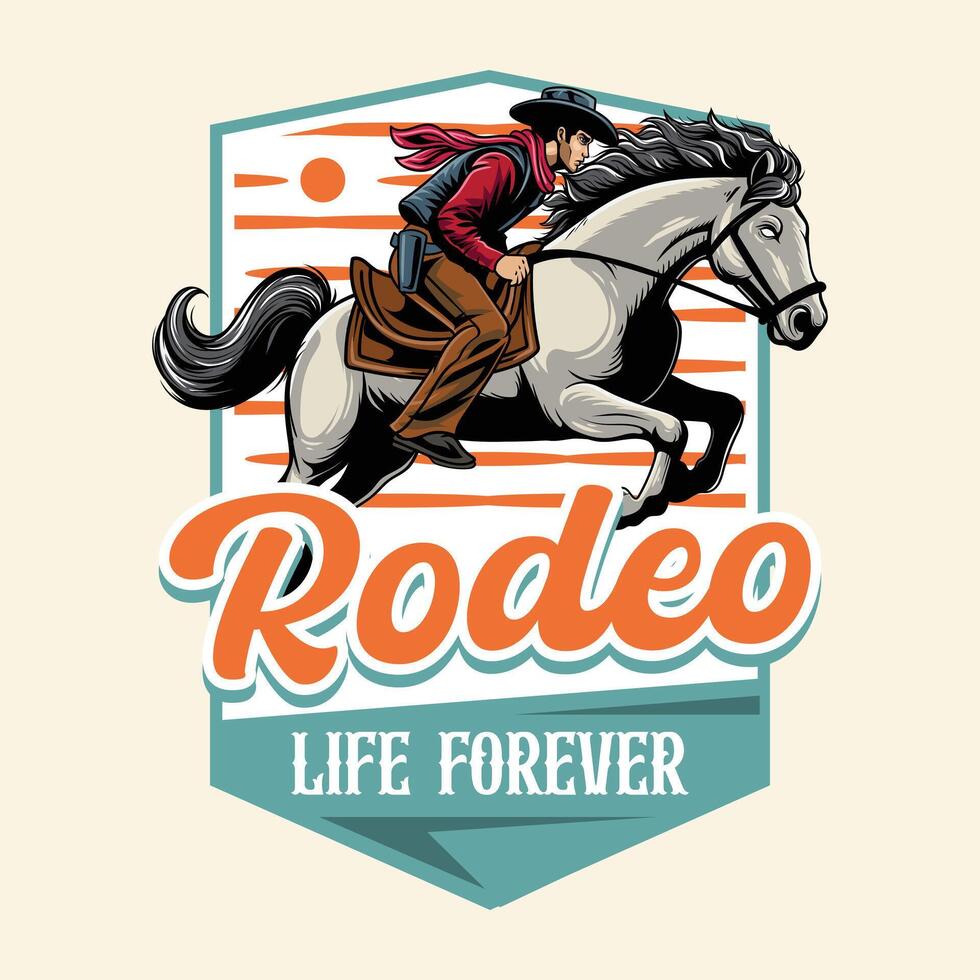 Rodeo Cowboy Life Forever Riding Horse in Western Vintage Illustration for poster, flyer, social media, web pages, print media, greeting card, invitation, banner, t-shirt design vector