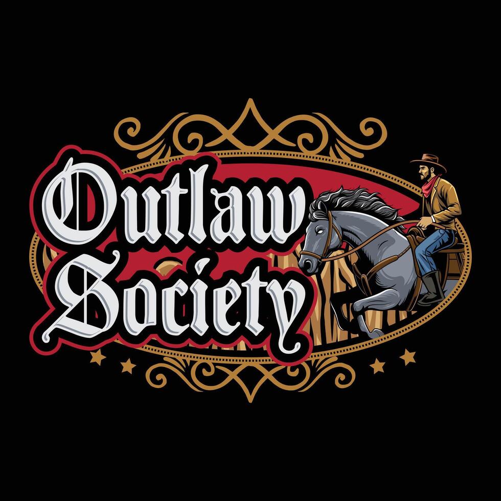 Outlaw Society Cowboy Riding Horse in Western Vintage Illustration for poster, flyer, social media, web pages, print media, greeting card, invitation, banner, t-shirt design vector