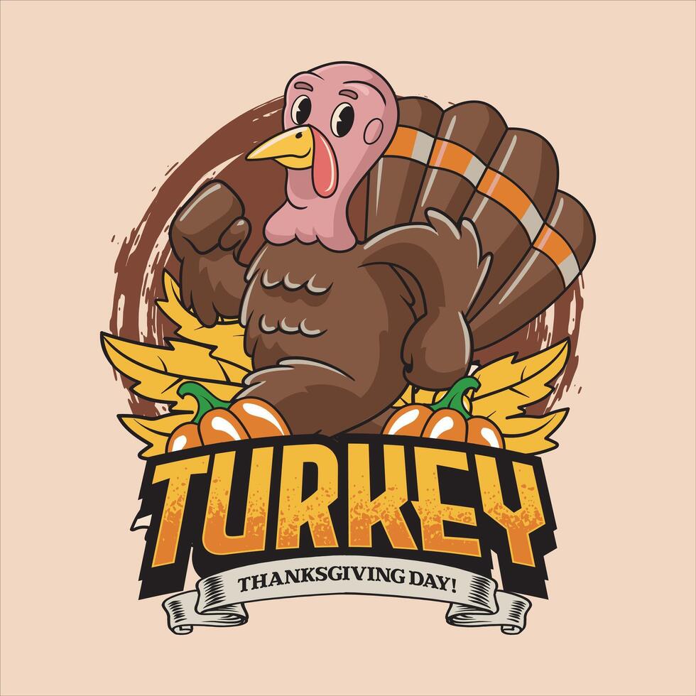 Happy Thanksgiving Day Blessing Turkey, Pumpkin, and Autumn Leaves in Vintage Retro Cartoon Mascot Illustration for sticker, badge, patch, banner, greeting card, invitation vector