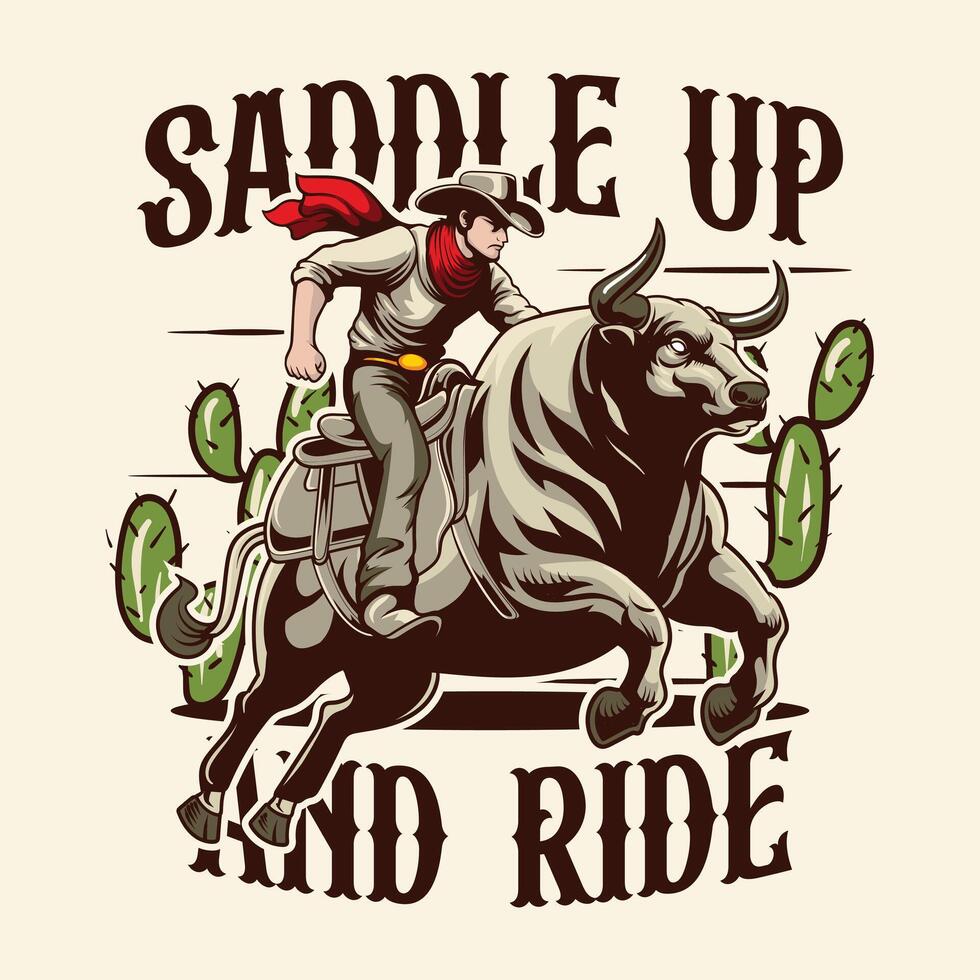Rodeo Cowboy Riding Buffalo Bull in Western Vintage Illustration for poster, flyer, social media, web pages, print media, greeting card, invitation, banner, t-shirt design vector