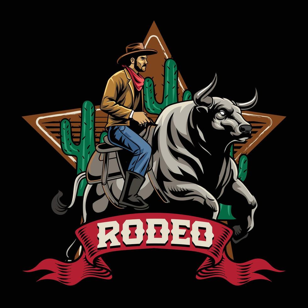 Rodeo Cowboy Riding Buffalo Bull in Western Vintage Illustration for poster, flyer, social media, web pages, print media, greeting card, invitation, banner, t-shirt design vector