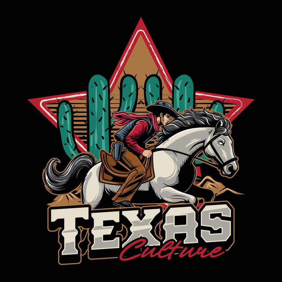 Texas Cowboy Riding Horse in Western Vintage Illustration for poster, flyer, social media, web pages, print media, greeting card, invitation, banner, t-shirt design vector