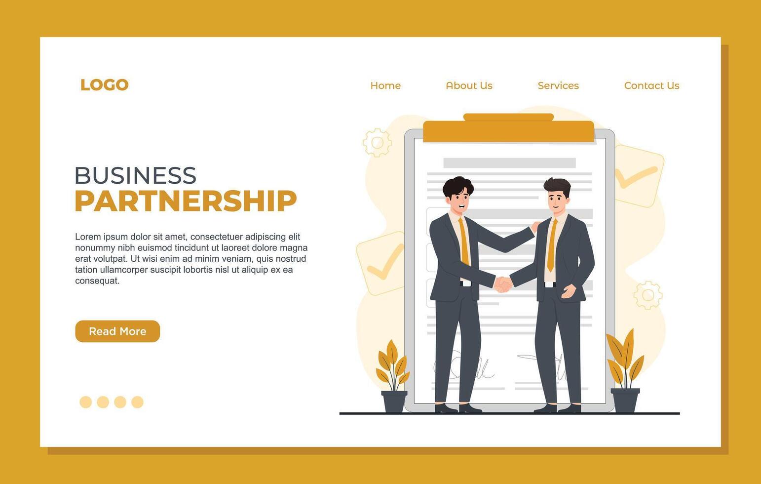 Business partnership landing page template. Man and woman shaking hands after signing contract vector