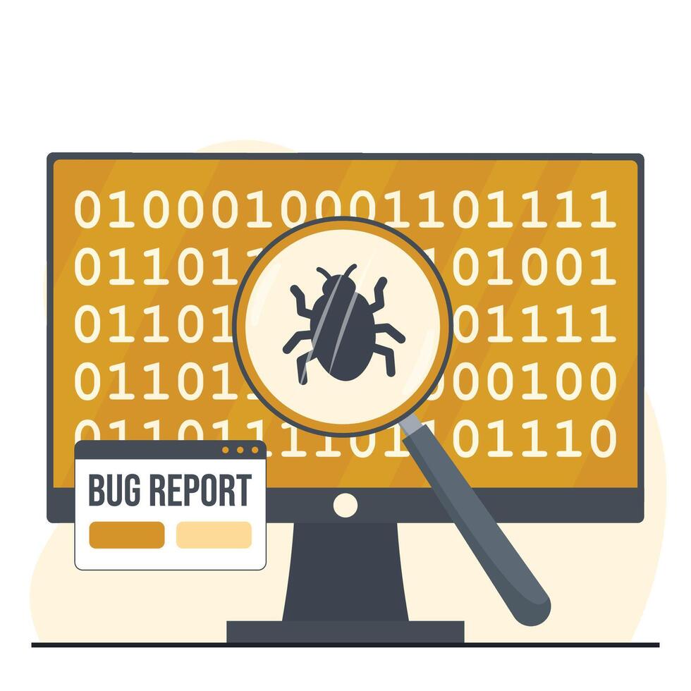 Binary code and bug. Bug in computer monitor. illustration vector