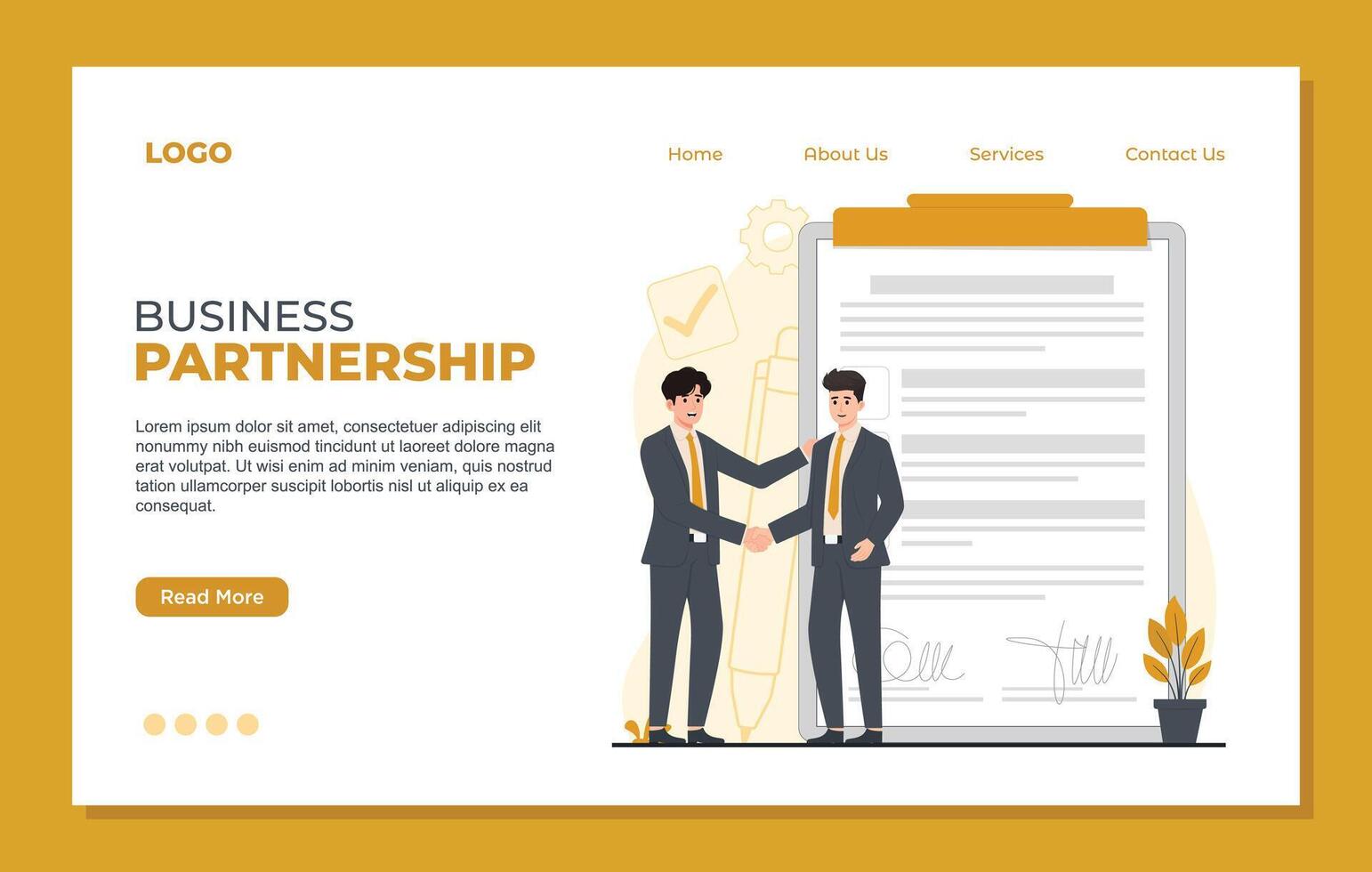 Business partnership website landing page design template. Businessman and businesswoman shaking hands after signing contract. vector