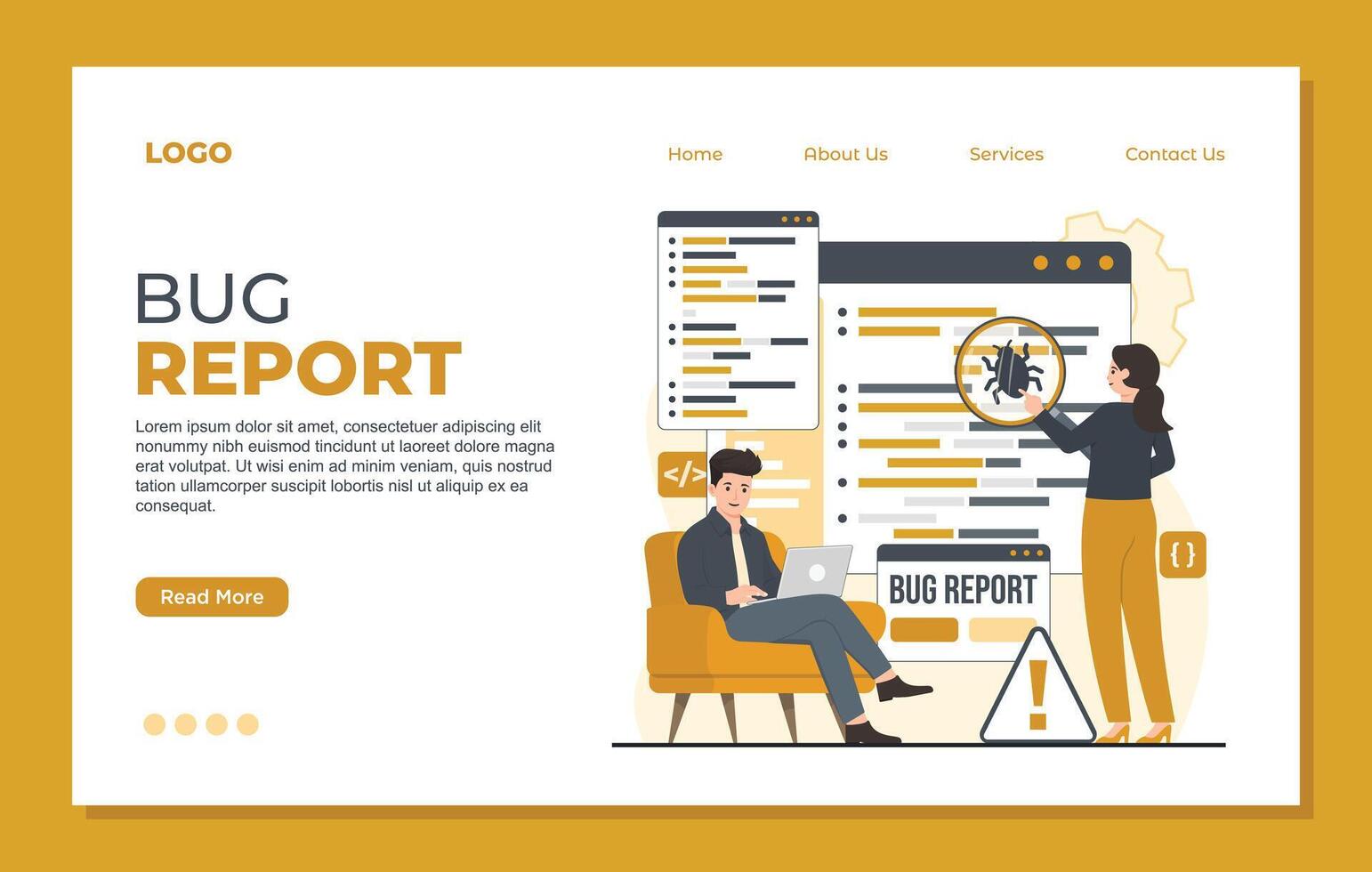 Bug report landing page template Web page design template of website and development. Modern flat concept illustration. vector
