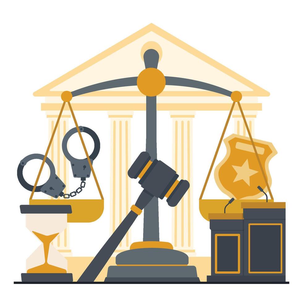 Law and justice concept with judge, scales of justice, lawyer and law books illustration vector