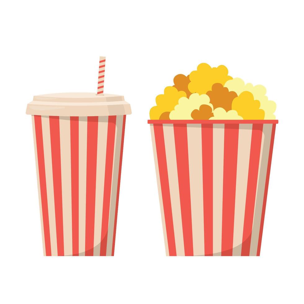 Popcorn and soda Cinema fast food set. Popcorn and soda in paper cups. illustration vector