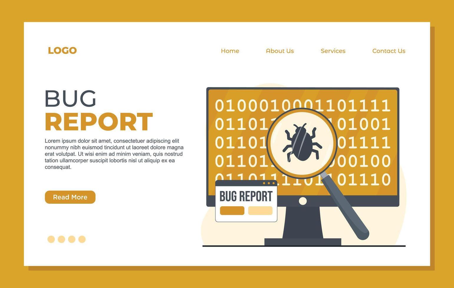 Bug report landing page template web site design template of bug research. Modern flat style illustration. vector