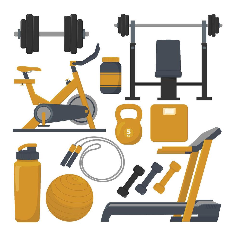 Fitness gym equipment icons set. illustration of fitness equipment isolated on white background. vector