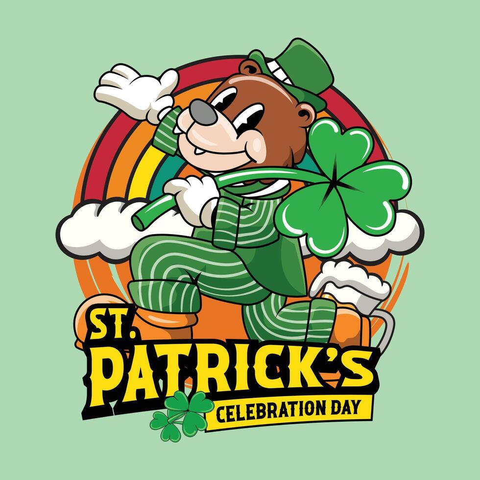Saint Patrick Day Shamrock Bear holding Clover Leaf Retro Cartoon Mascot Character Groovy Vintage Style for poster, flyer, brochure, invitation, greeting card, banner vector