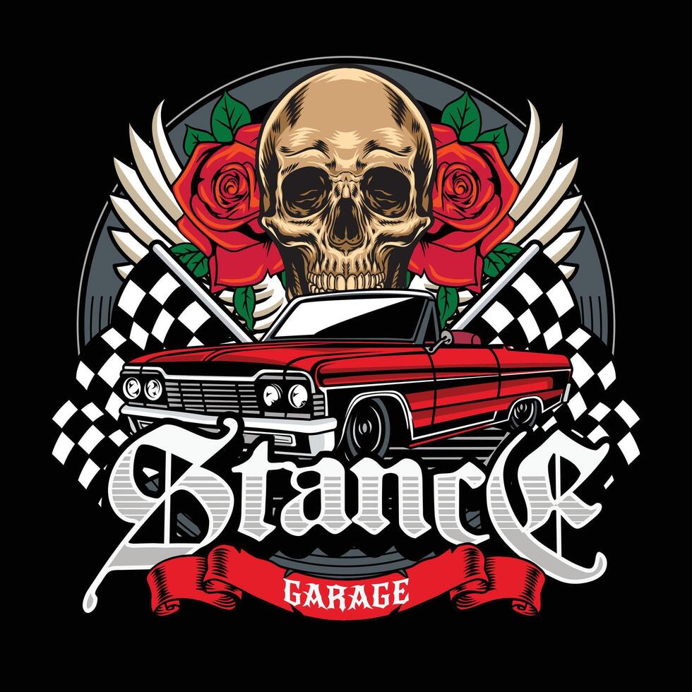 American Lowriders Car, Skull, Piston, Red Roses, and Race flag Poster in Vintage Retro Illustration for flyer, social media, web pages, print media, greeting card, invitation, banner vector