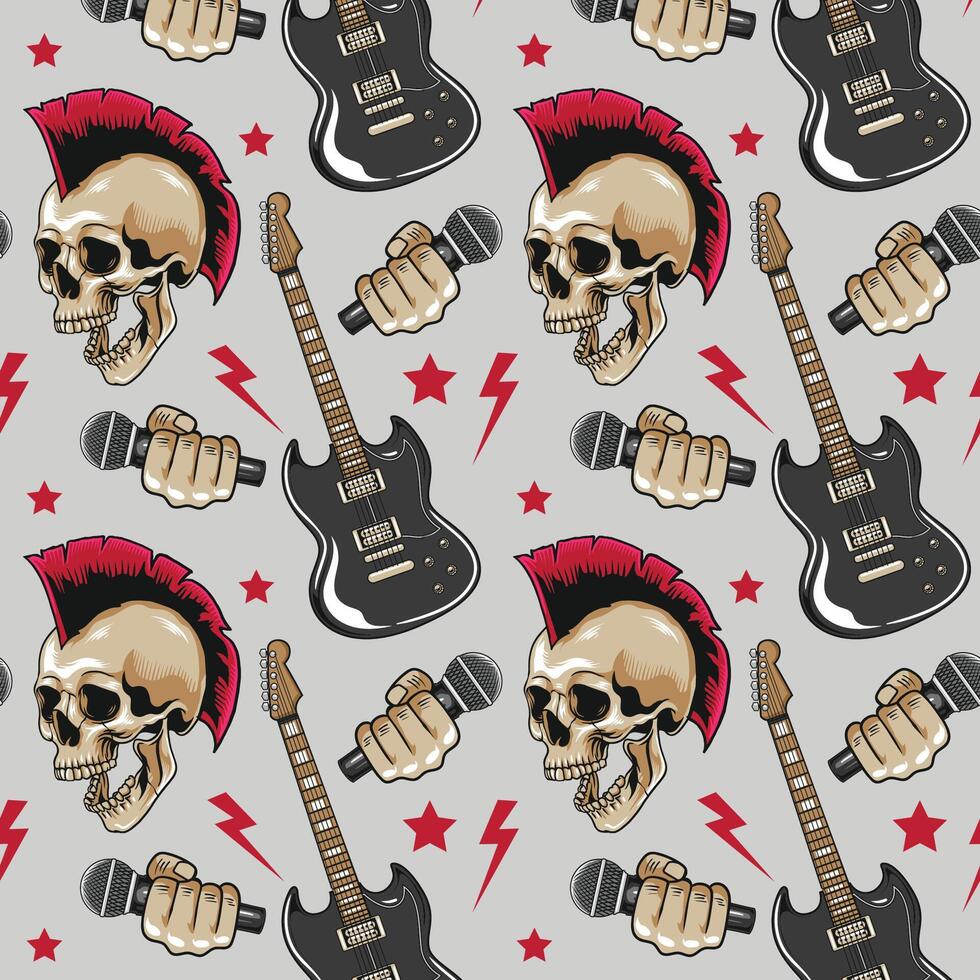Retro Electric Guitar, Microphone, Grunge Punk Skull Rock Music seamless pattern music background illustration for textiles, wallpaper, wrapping vector