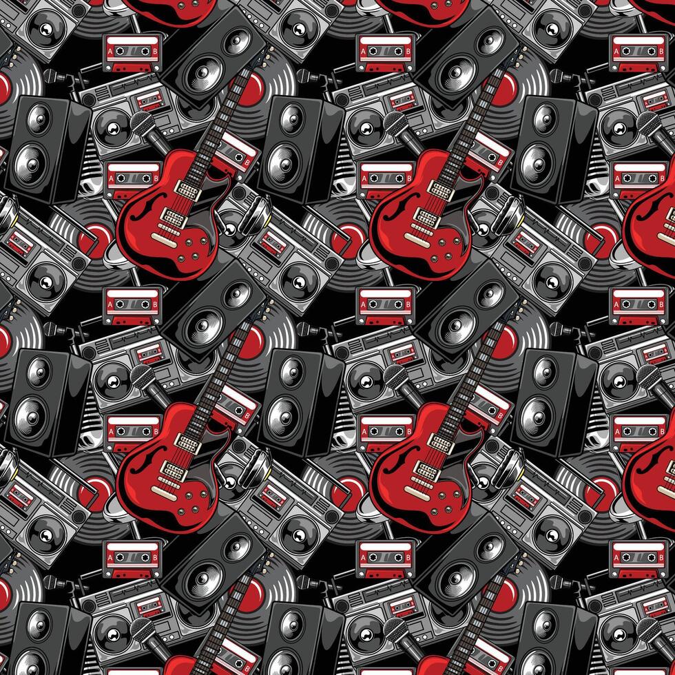 Retro Electric Guitar, Radio, Vinyl, Speaker Audio seamless pattern music background illustration for textiles, wallpaper, wrapping vector