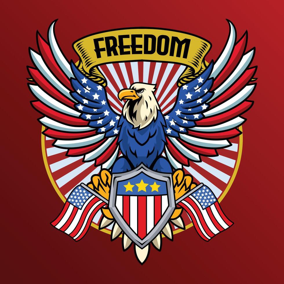 4th of July Independence Day Bald Eagle with American Flag Shield and Statue of Liberty Illustration for social media, flyers, web pages, print media, greeting card, invitation, banner vector