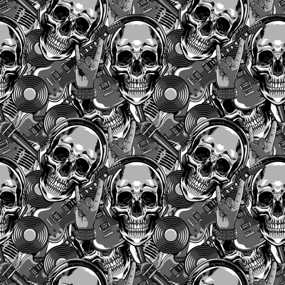 Retro Electric Guitar, Microphone, Vinyl, Skull Head Rock Music in black and white seamless pattern music background illustration for textiles, wallpaper, wrapping vector