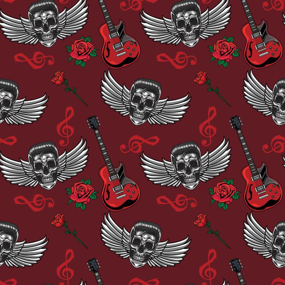 Retro Electric Guitar, Red Roses, Grunge Skull with Wings Rock Music seamless pattern music background illustration for textiles, wallpaper, wrapping vector