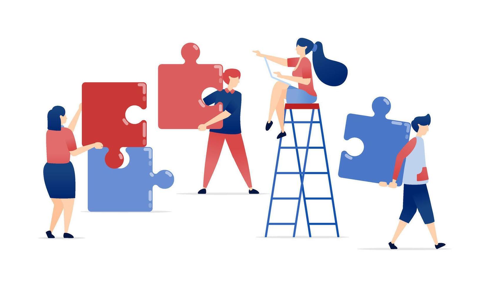 illustration of Work Team and Female Leadership. A Woman Directing Her Team to Build and Complete a Puzzle, Illustrating the Branding Process and Teamwork in Corporations vector