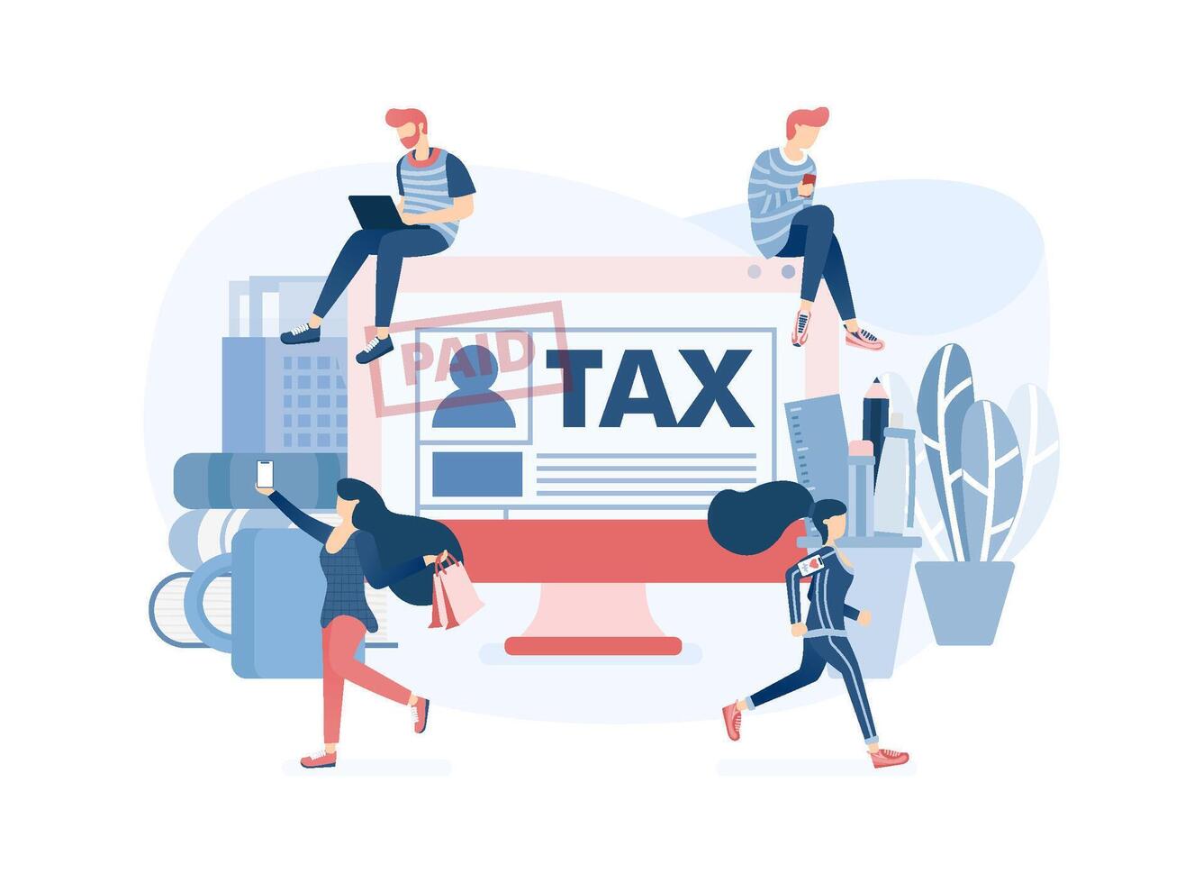 People who Daily Activities Around a Large Desktop and Could Pay Tax Anywhere vector