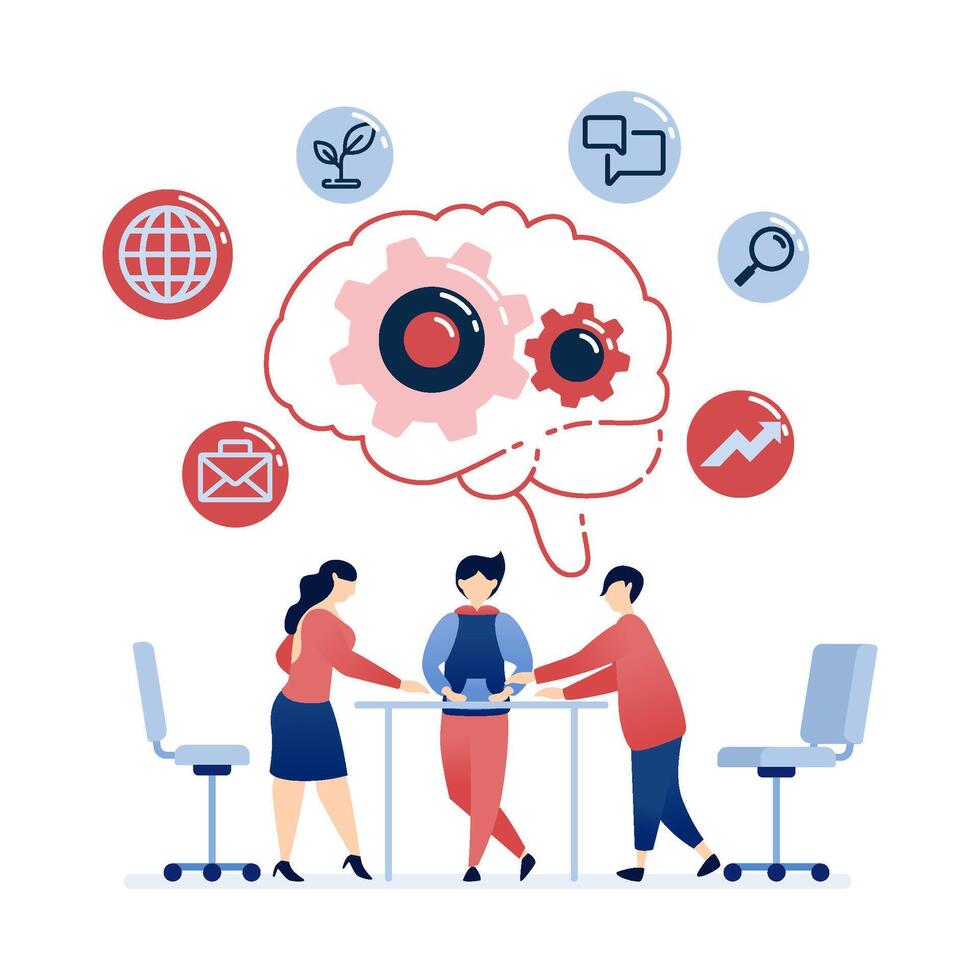 illustration of People collaborating in meetings to discuss company plans and strategies, symbolized by brains and wheels, representing teamwork and strategic thinking vector