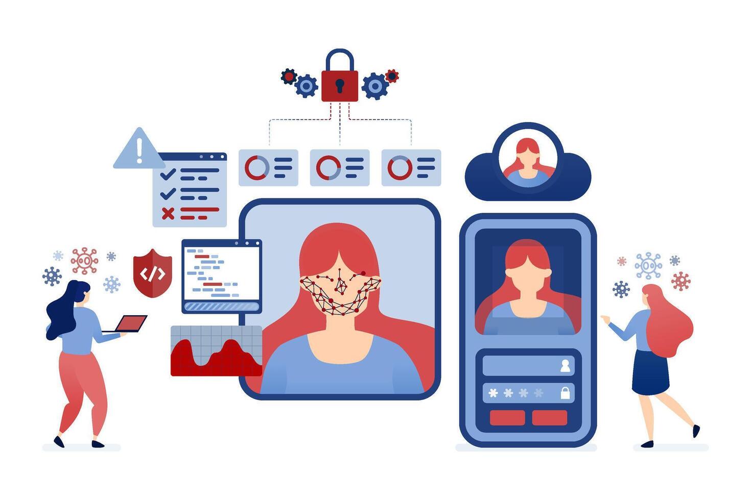 illustration of Women using facial recognition and biometric security technology to log into apps with a selfie on their smartphone, symbolizing advanced security features vector