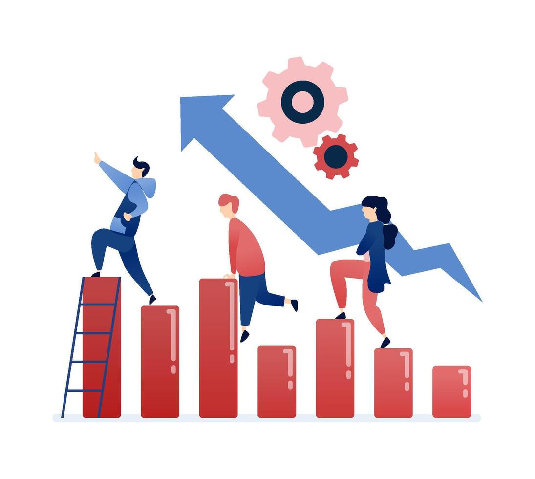 illustration of People tracking their progress with bar charts, visualizing their career and financial goals, showcasing personal growth, success, and professional development vector