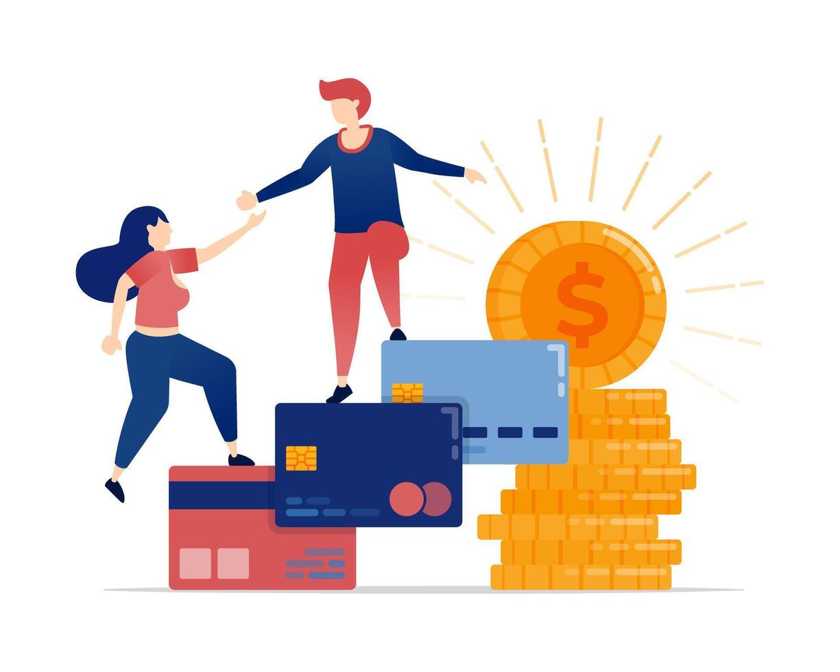 illustration of Helping individuals access financial freedom by being free from loans or credit card debt, symbolized by piles of money representing wealth vector