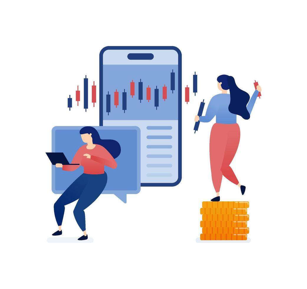 illustration of Women in investment and trading using mobile apps for stock and cryptocurrency trading, symbolized by candlestick charts representing financial growth and analysis vector