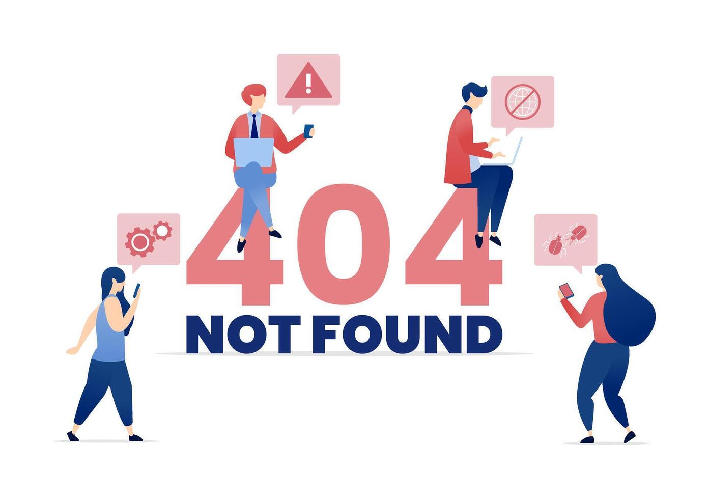 illustration of 404 Not Found with People Engaged in Activities, Realizing the Page They Are Trying to Reach Is Down, Illustrated with the 404 Error Text vector