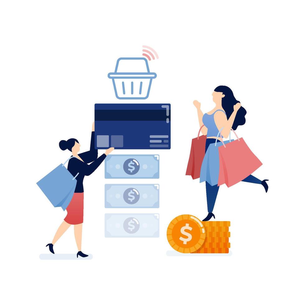 illustration of Women spending money online, summing up piles of cash and filling shopping baskets, engaging in excessive online retail therapy, representing consumerism and financial behavior vector