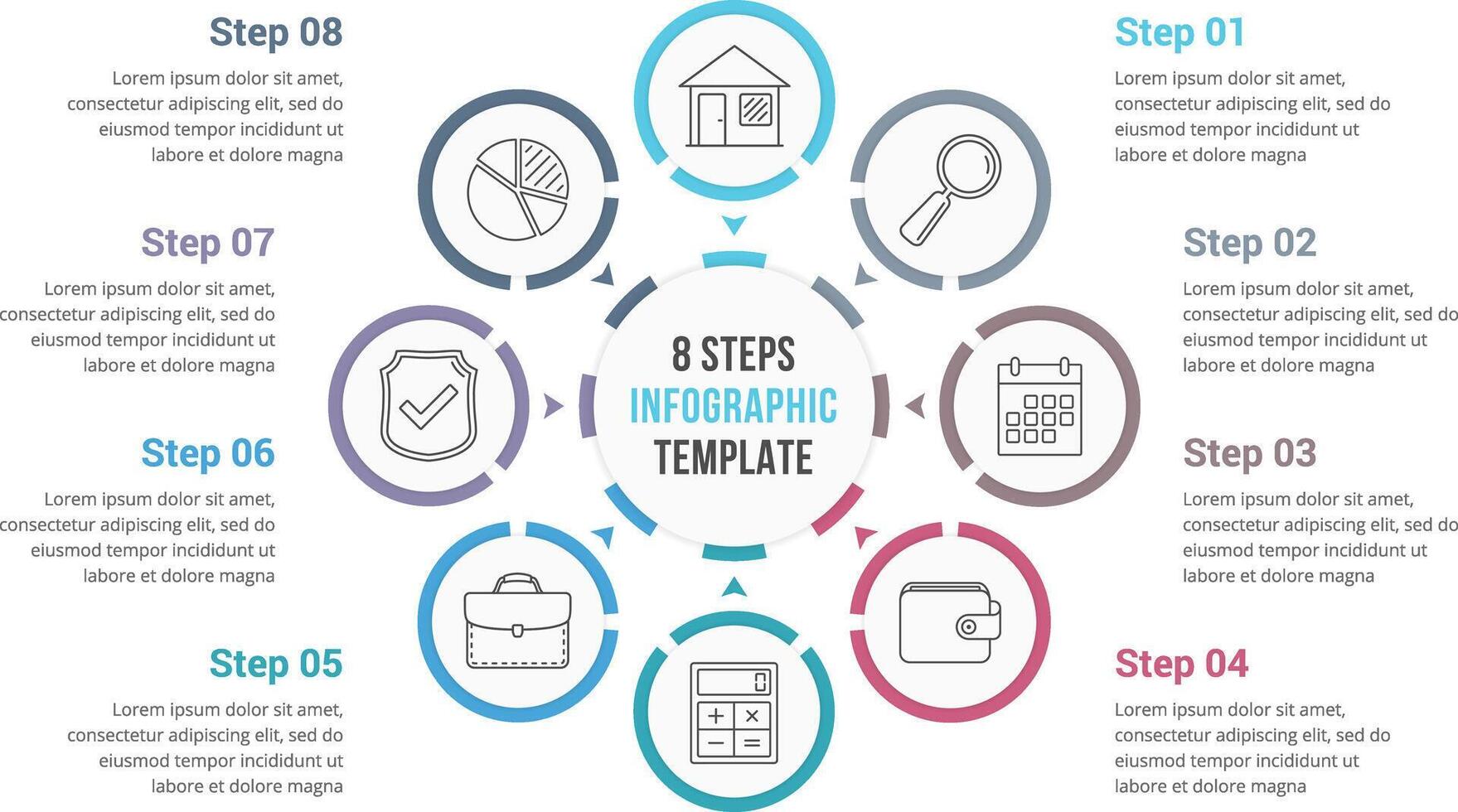 Circle infographics template with eight elements, process diagram, steps, options vector