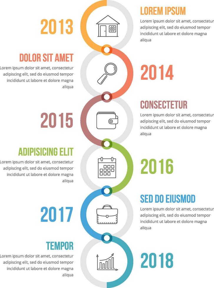 Vertical timeline infographics template with colorful circles, workflow or process diagram vector