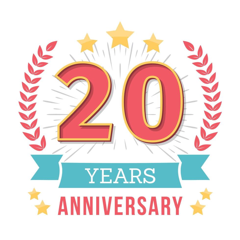 20 Years anniversary emblem with ribbon, laurel wreath and stars vector