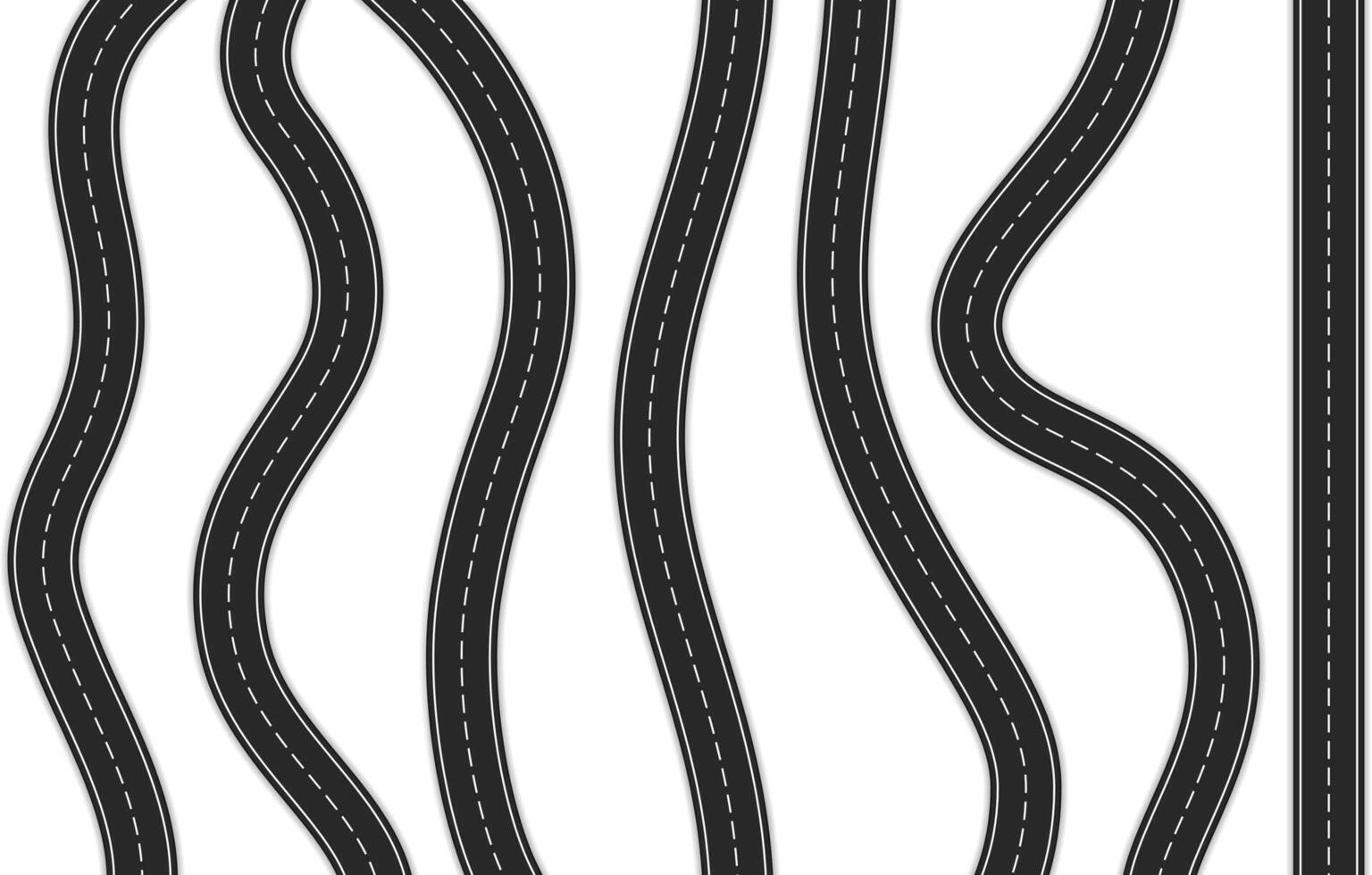 Set of 7 black asphalt roads on white background vector