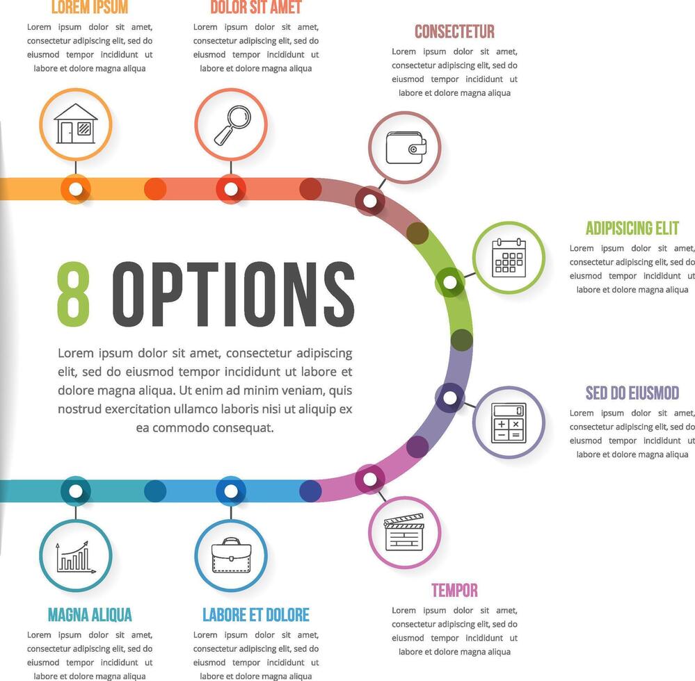 8 Options infographic template with line icons for prsentations, reports, brochures etc, can be used as steps, workflow, process vector