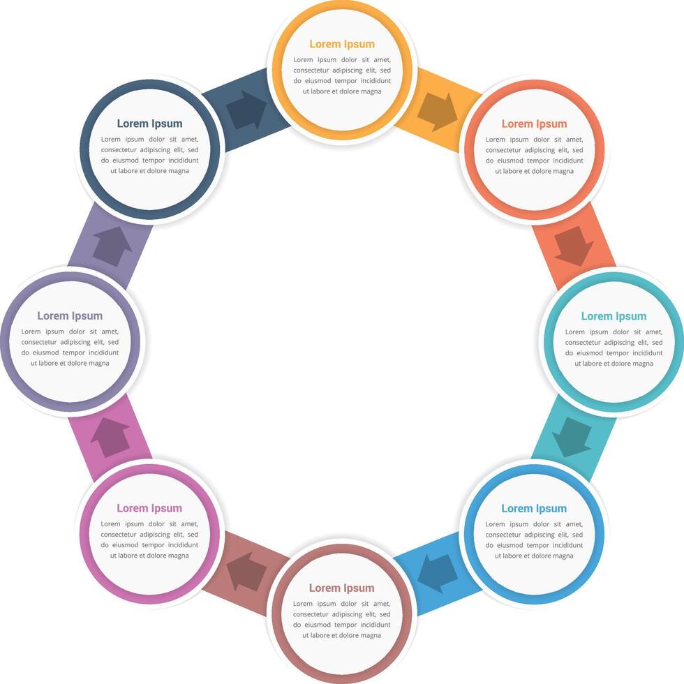 Circle diagram infographic template with eight steps or options, workflow, process vector