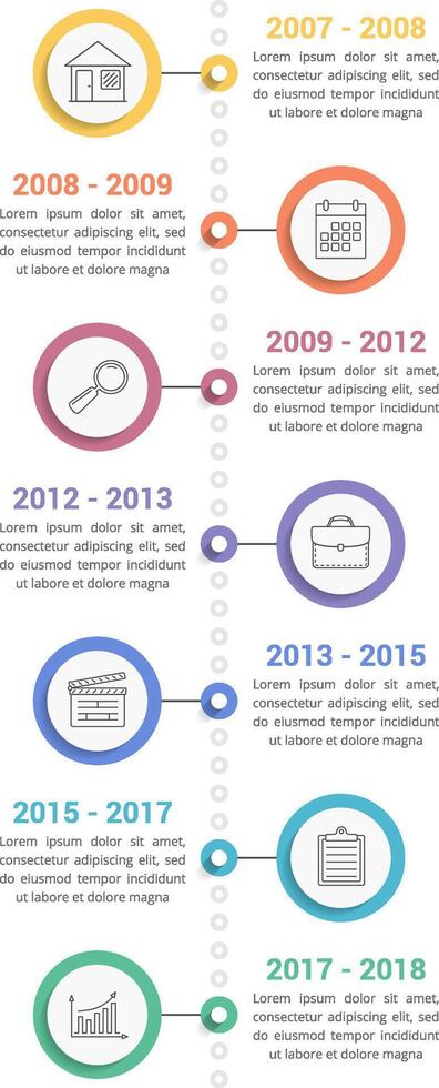 Vertical timeline infographics template with line icons, workflow or process diagram vector