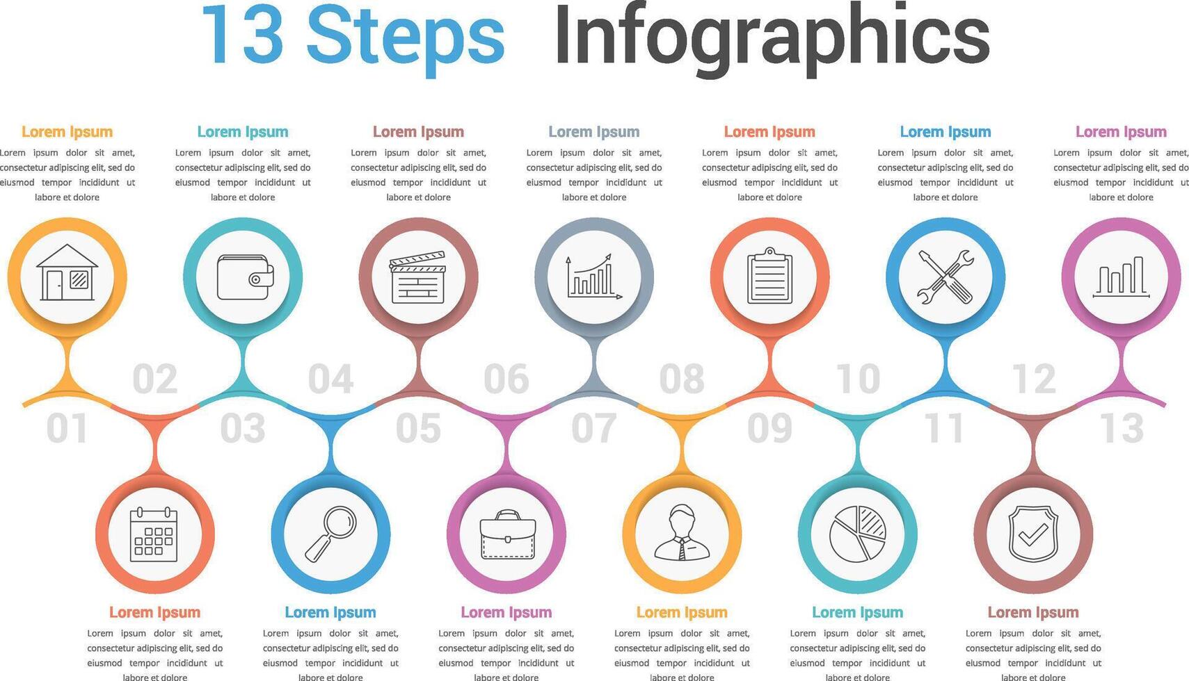 Infographic template with 13 spteps or options, business infographics, process, workflow diagram vector