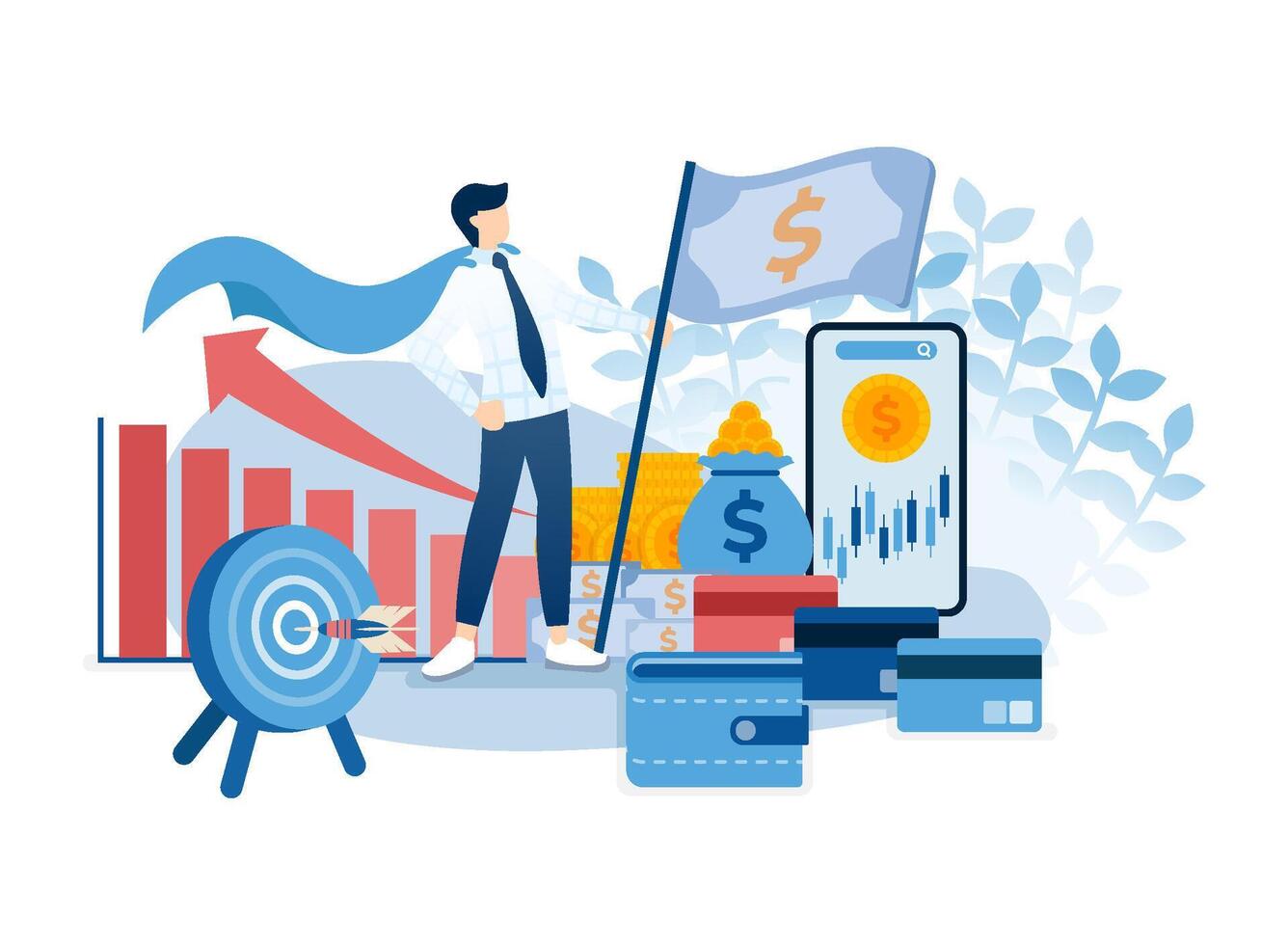 Businessman and Entrepreneur Superhero with Brilliant Career and Finance. Money Flag and All target achieved vector