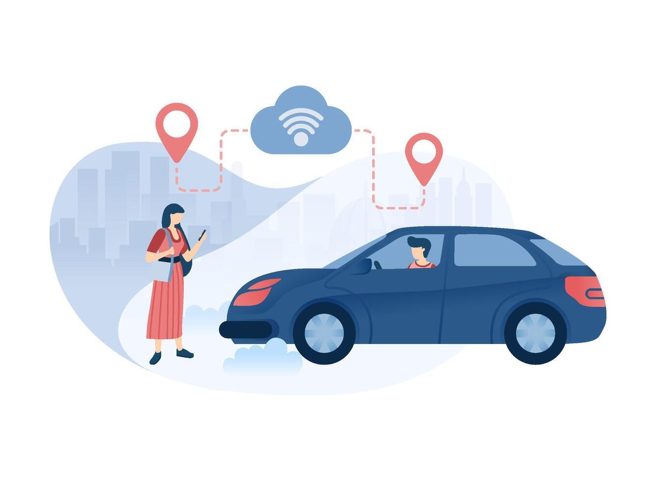 Girl who Order Taxi or Cars for Traveling in the City. Share Ride Using Mobile City Transportation vector